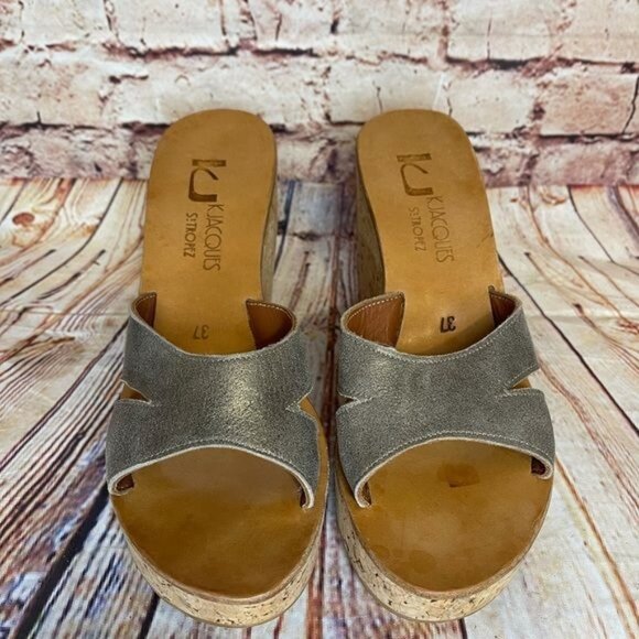 K. Jacques St. Tropez Cork Wedge Sandals In Silver Sz 37 US 5.5-6 - Picture 4 of 8